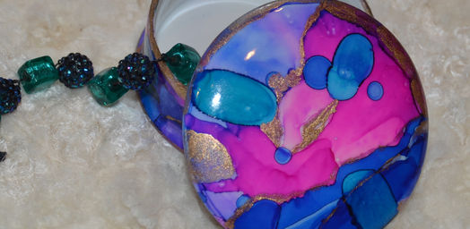 Lidded porcelain box, porcelain lidded box hand painted with alcohol ink.