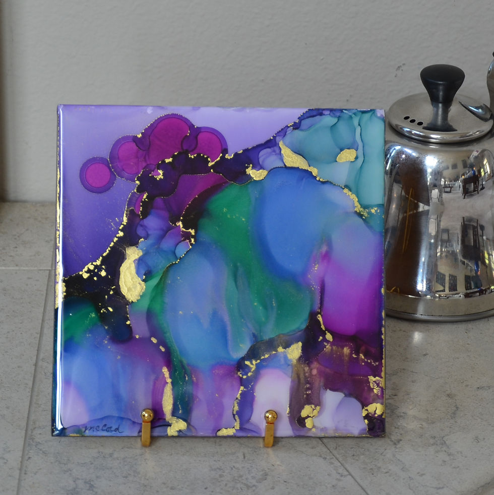 Thumbnail: 7.5X7.5 trivet.  Alcohol ink on porcelain coated with epoxy resin.