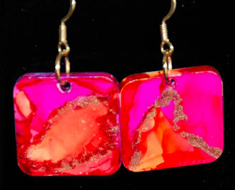 alcohol ink earrings, red orange pink earrings, square earrings, square earrings