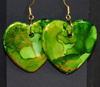 alcohol ink earrings, hand painted heart earrings, porcelain earrings alcohol ink,