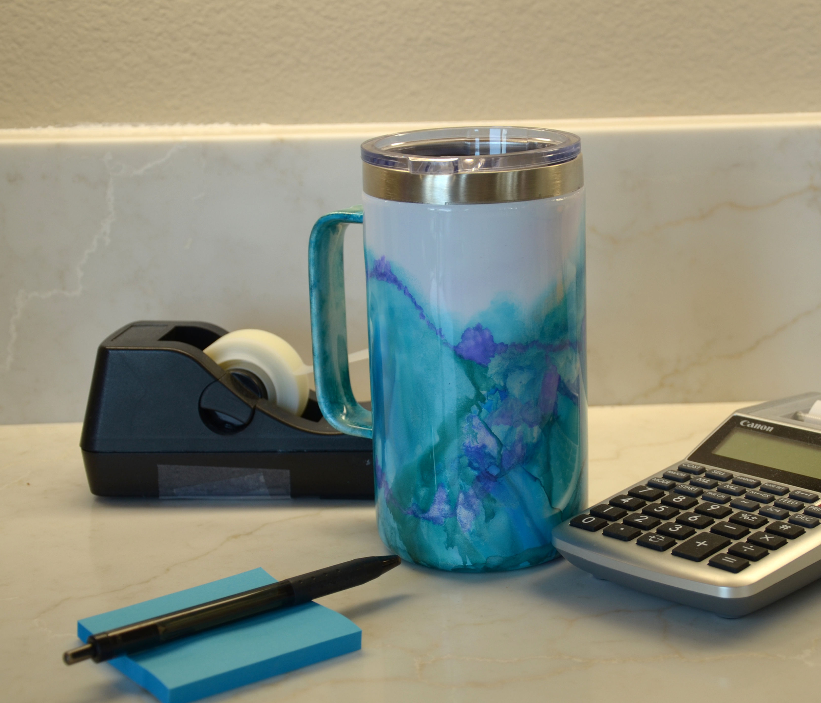 travel mug hand painted with alcohol ink