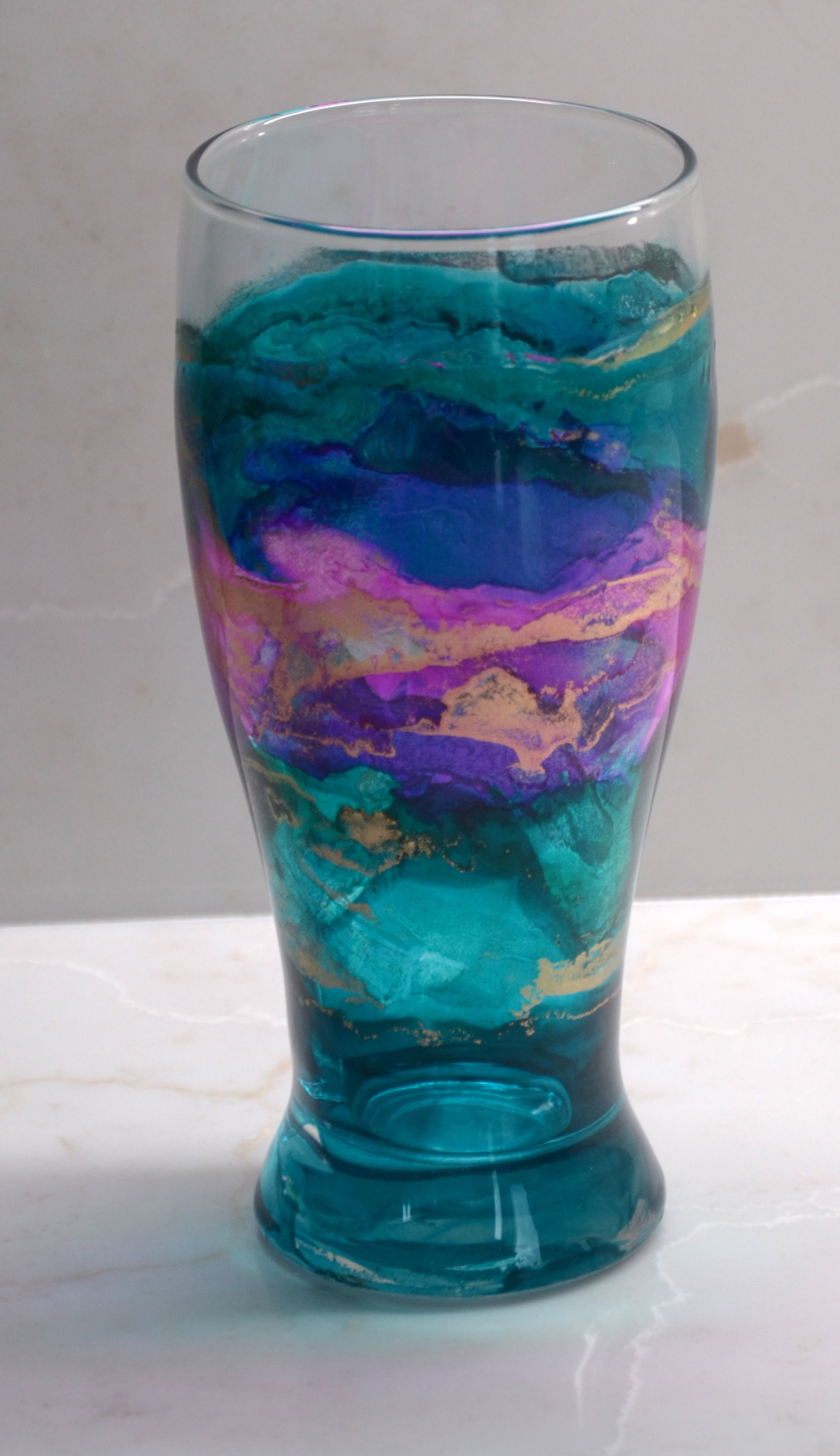 Blue, pink, green  pilsner glass hand painted with alcohol ink