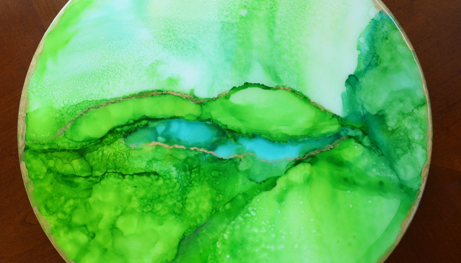 Lazy Susan, Alcohol ink painted on porcelain and attached to wood.