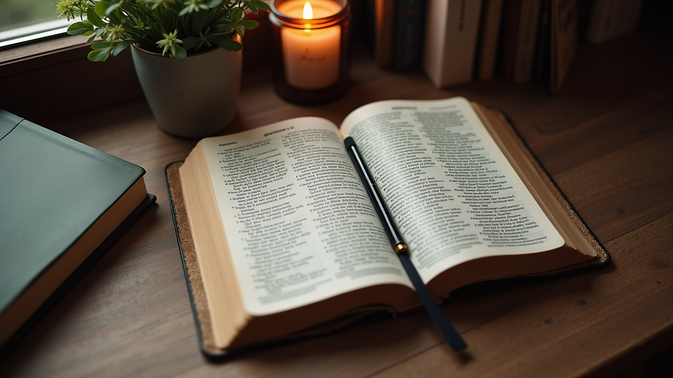 鸟瞰图:舒适的阅读角,里面有一本圣经和一本笔记本。