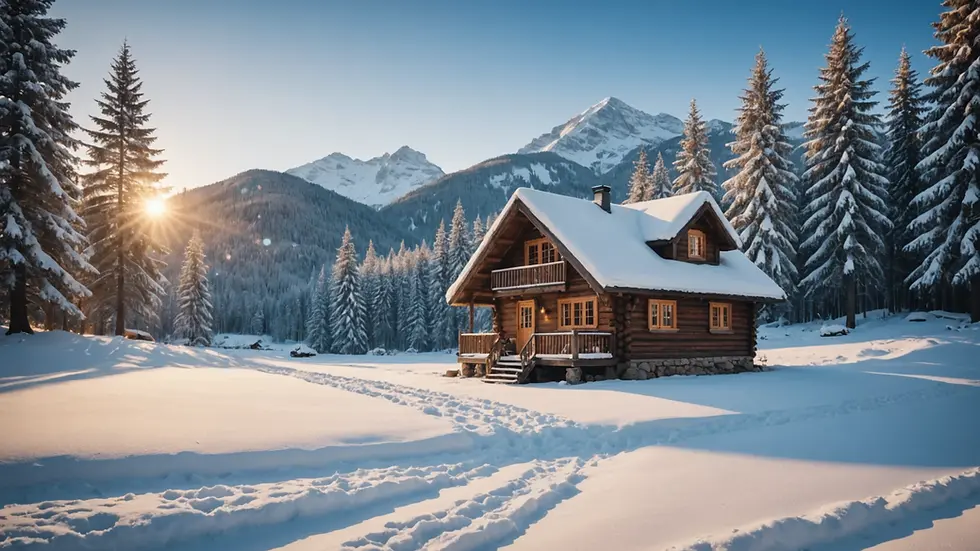 Eye-level view of a serene winter landscape with a cozy cabin in the background