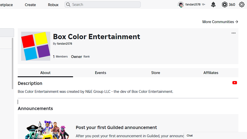 "Box Color Entertainment" Roblox 그룹 생성