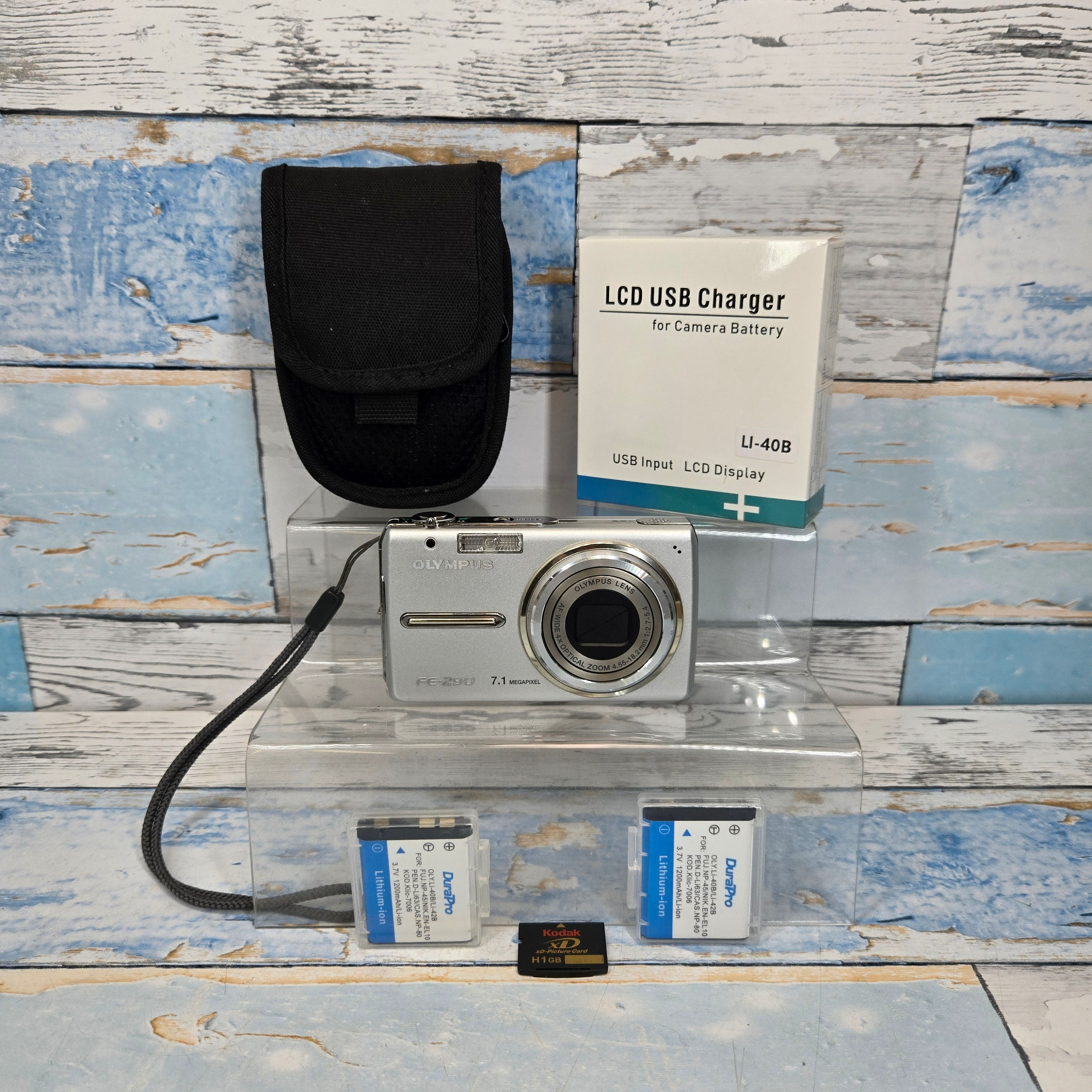 Olympus FE-290 Digital Camera 7.1MP Battery x2  Case & USB Charger memory card