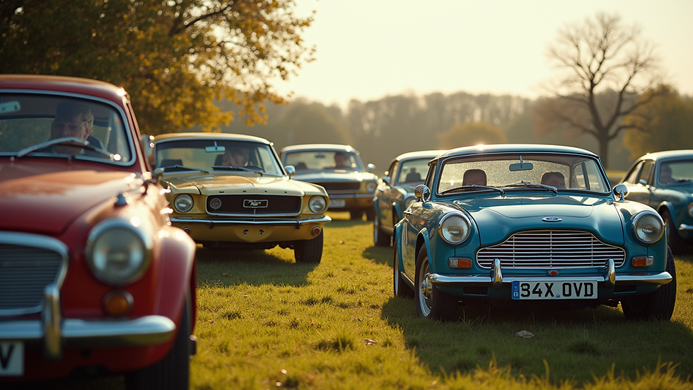 High angle view of a Ford car club gathering in a scenic UK countryside location