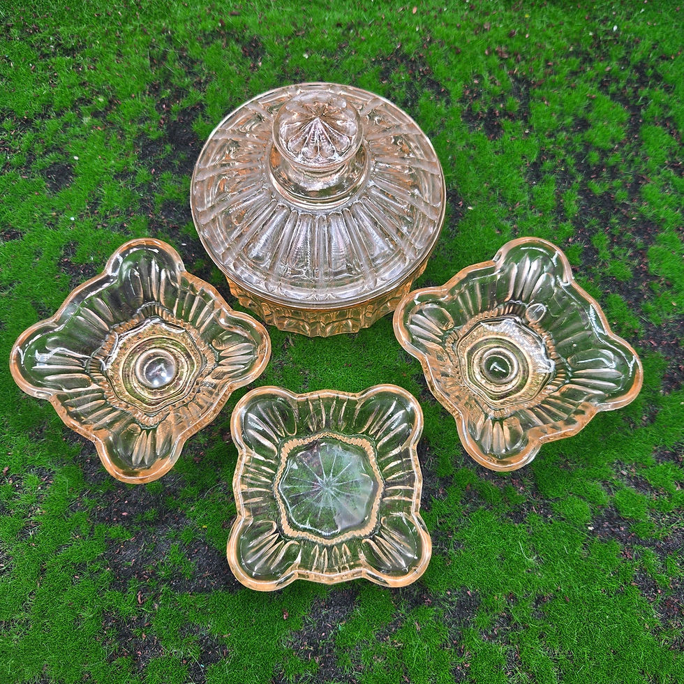 Thumbnail: Vintage Pink Depression Glass Vanity Set Powder Jar & Candlesticks