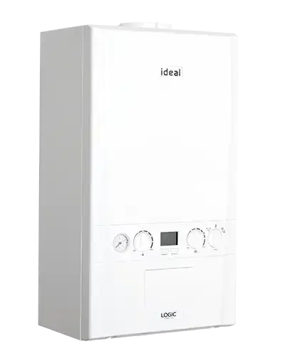 White boiler with dials and digital display on front. Brand name "ideal" and model "LOGIC" visible. Plain black background.