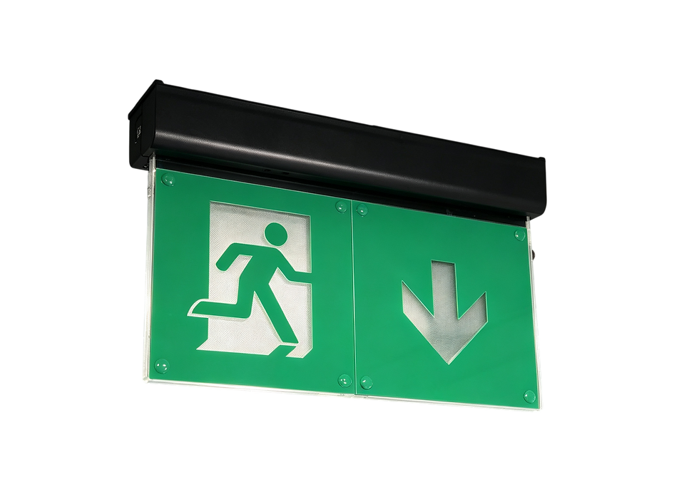 Black edge-lit emergency lighting exit sign that can be fitted with a track adaptor so that it can be mounted on three circuit mains voltage lighting track.