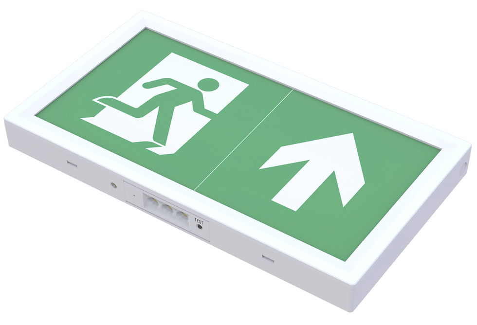 Slim, low profile exit sign manufactured from polycarbonate in a white finish with a universal legend panel.