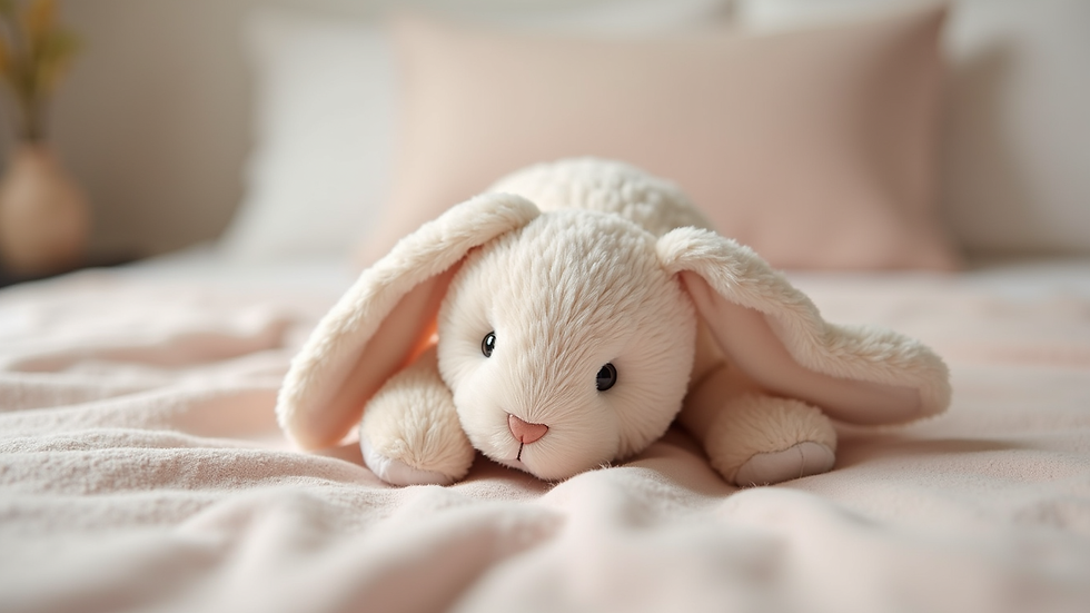 Close-up of a soft plush bunny toy resting on a pastel blanket
