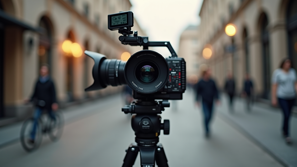 Eye-level view of a professional video camera on a tripod during filming