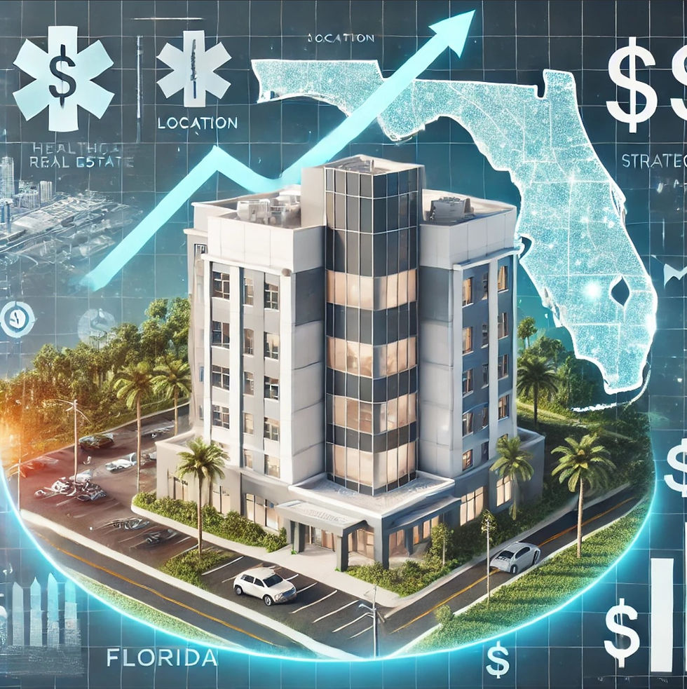 An image that captures key investment strategies in Florida's healthcare real estate market. It features a contemporary medical office building with strategic elements like growth indicators, dollar signs, and a map of Florida highlighting important regions. The background includes Florida's iconic landscape with palm trees and a sunny sky, emphasizing the focus on maximizing ROI.