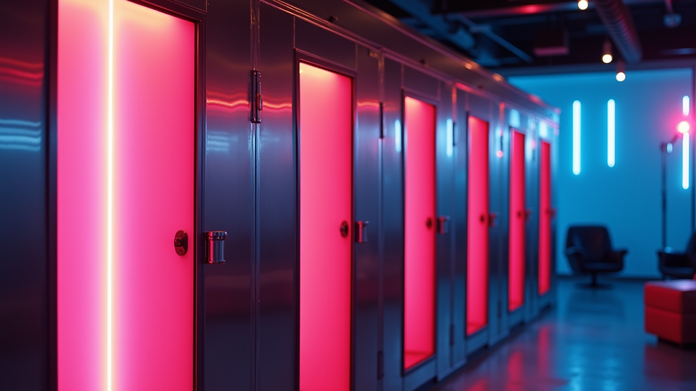 Close-up view of a sleek photo booth with colorful lighting