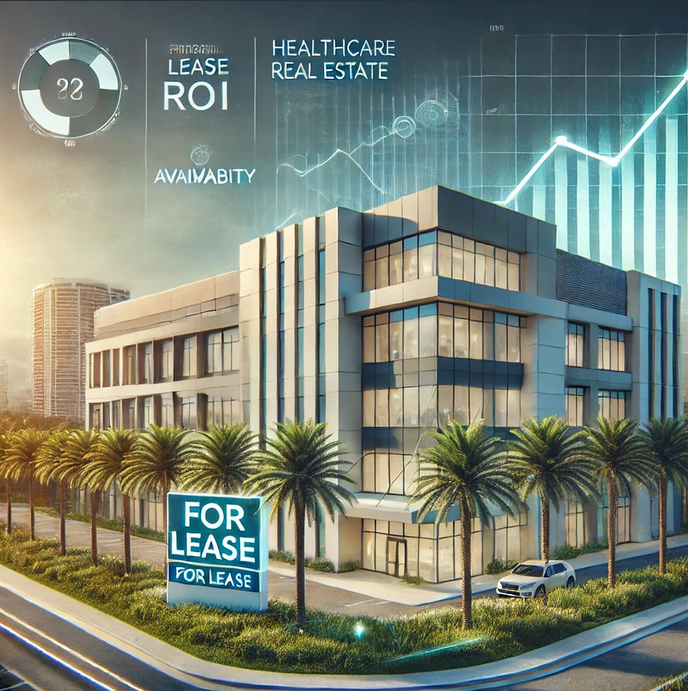Modern medical office building in Florida surrounded by visual indicators of investment success, such as upward graphs, dollar signs, and a Florida map with key areas highlighted.