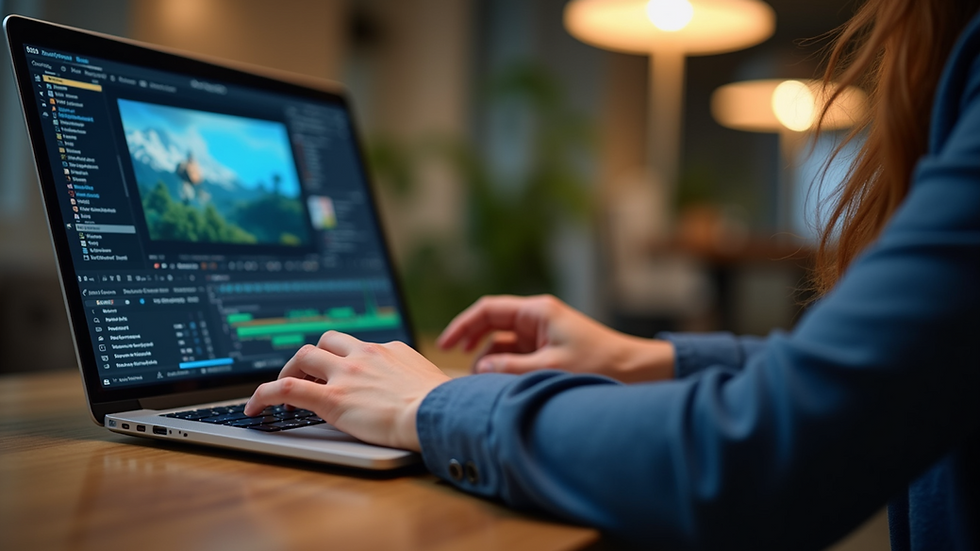 Close-up view of a video editor working on a marketing video on a laptop