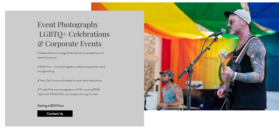 Captura de la sección 'Event Photography LGBTQ+' del sitio web Ouuthings Worth A Memory, detallando un servicio de fotografía LGBTQ+.