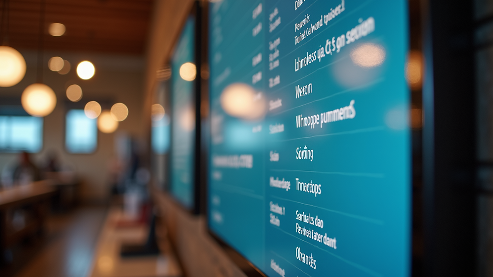 Close-up view of a digital menu board with contactless payment options