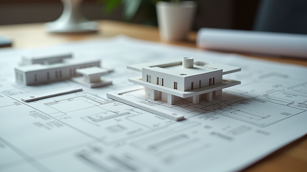 Close-up view of architectural blueprints and scale model on desk