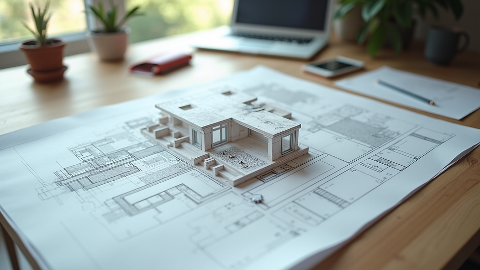 High angle view of architectural blueprint and model on desk