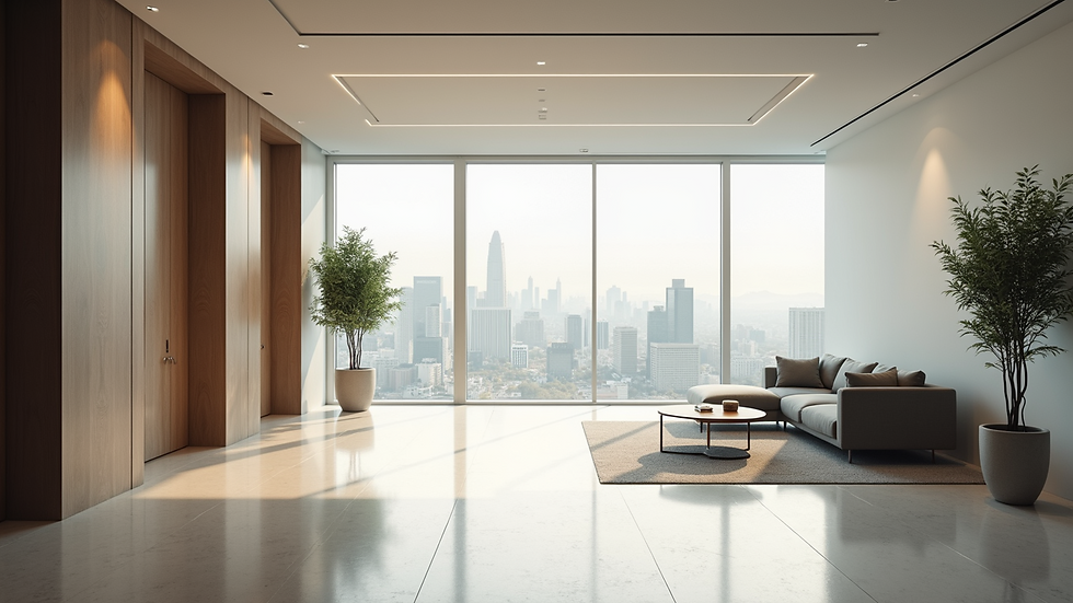 Eye-level view of modern office lobby with minimalist furniture and natural lighting