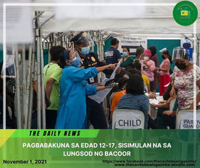 PAGBABAKUNA SA EDAD 12-17, SISIMULAN NA SA LUNGSOD NG BACOOR