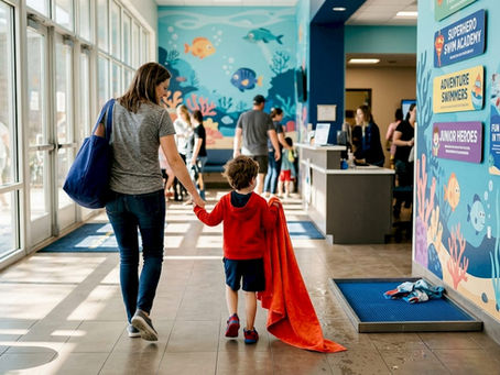 Parent and child entering swim school lobby
