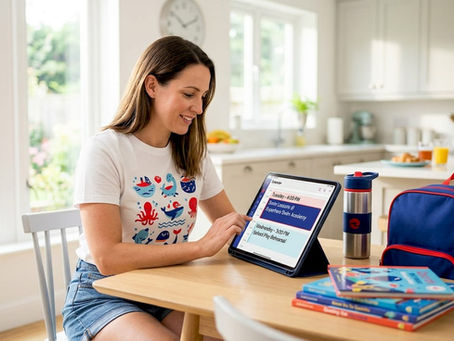 Mother scheduling children's swim lessons and school activities