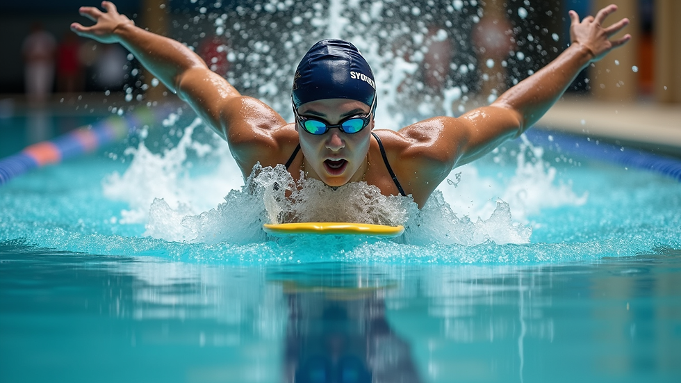 Close-up view of swimmer practicing flutter kick with a kickboard