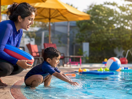 Mother and toddler at pool edge preparing swim