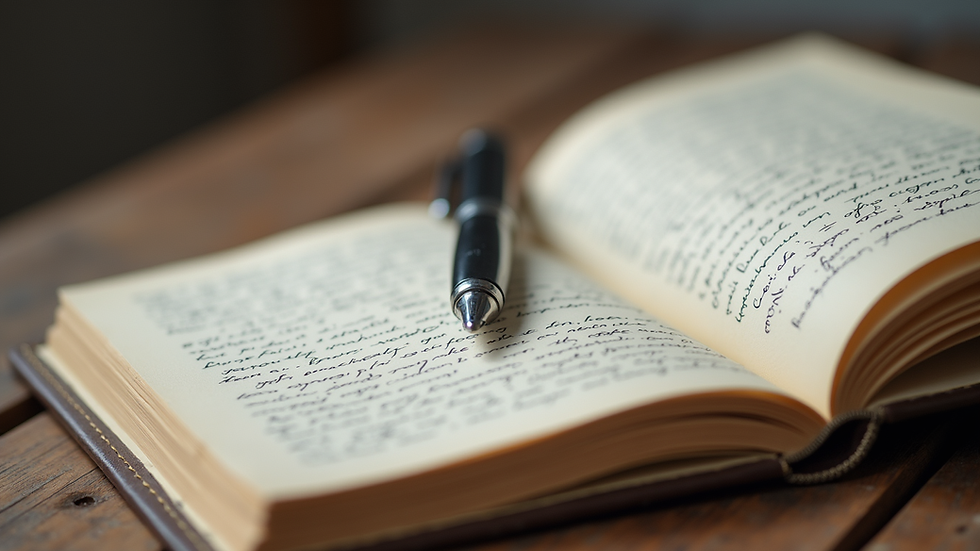 Close-up view of an open journal with a pen resting on a page filled with handwritten poetry