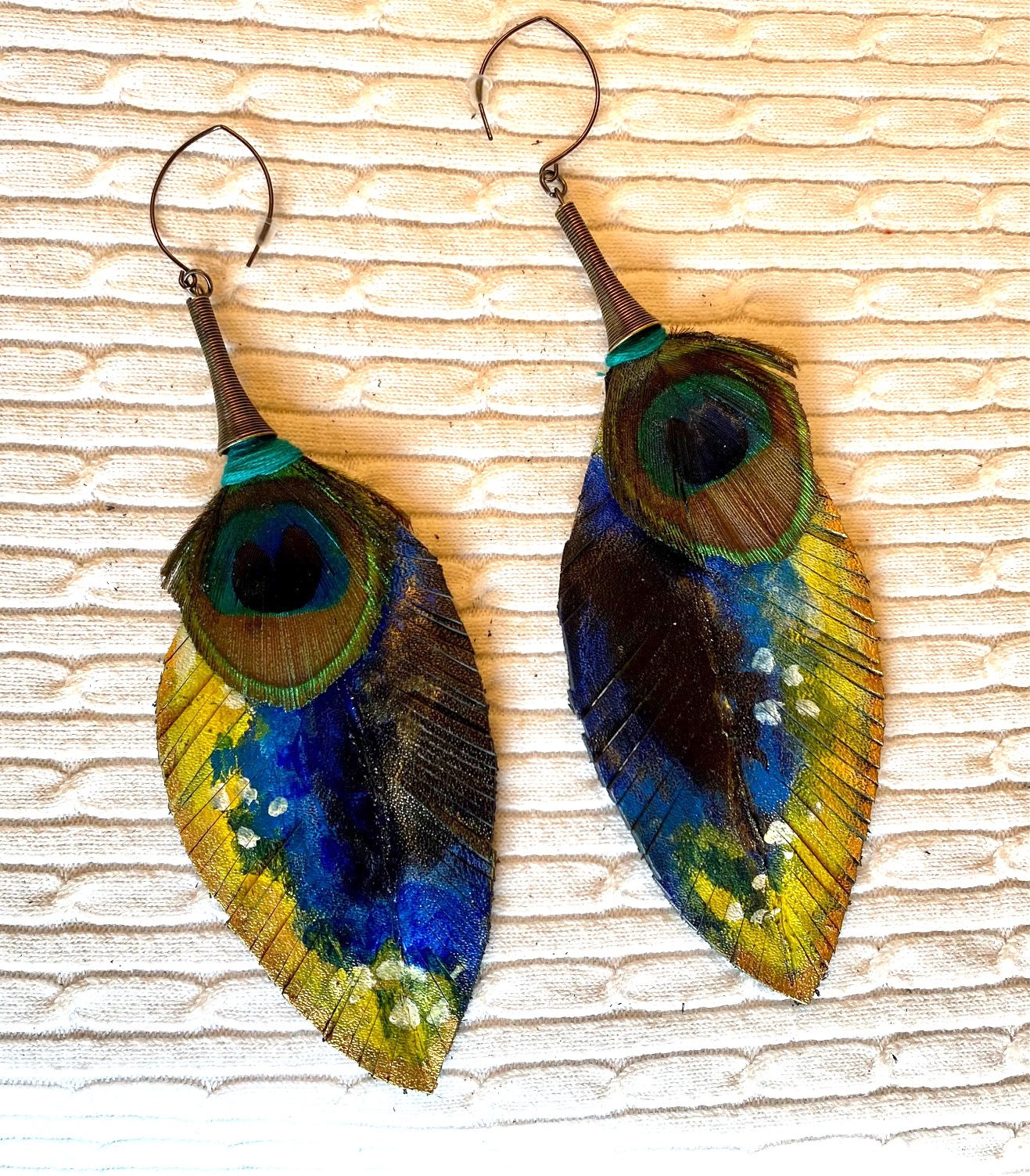 Yellow Blue Peacock Leather earrings