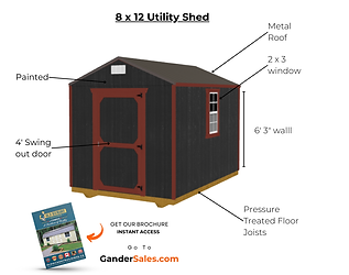 Utility Shed for sale painted, Swing out door, Windows, Metal roof, Pressure Treated floor