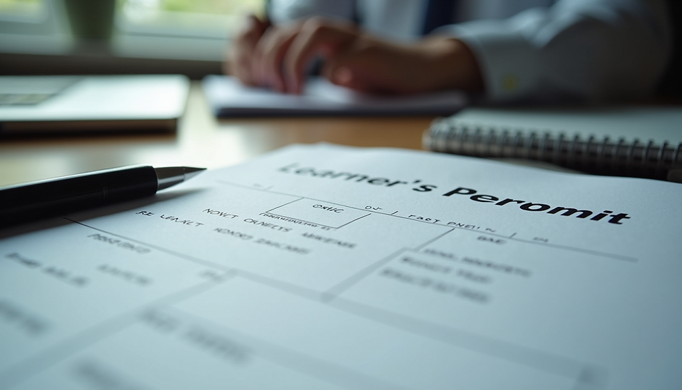 NJ learner’s permit application form with pen and ID documents on a desk — representing the process of getting a driver’s permit in New Jersey through Safe Roads Driving School in Jersey City.