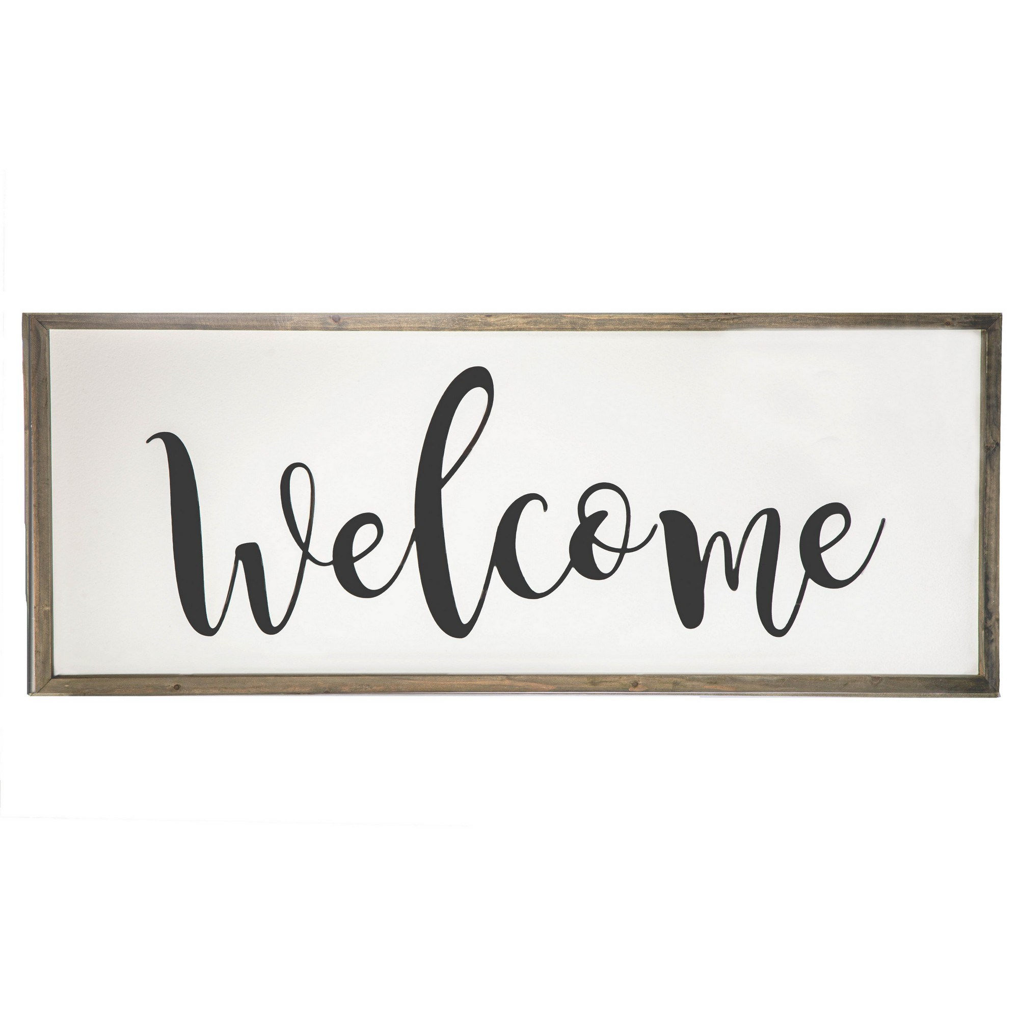 39 Inch Rectangular Wall Art Plaque; Welcome Writing; Wood Frame; White; Brown