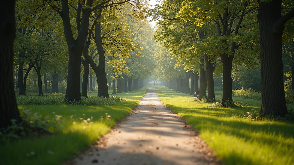 Eye-level view of a serene park with a winding path