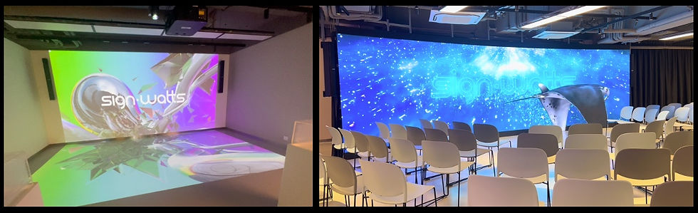 Comparison between projector and LED display highlighting differences in image quality and brightness, for commercial and schooluse