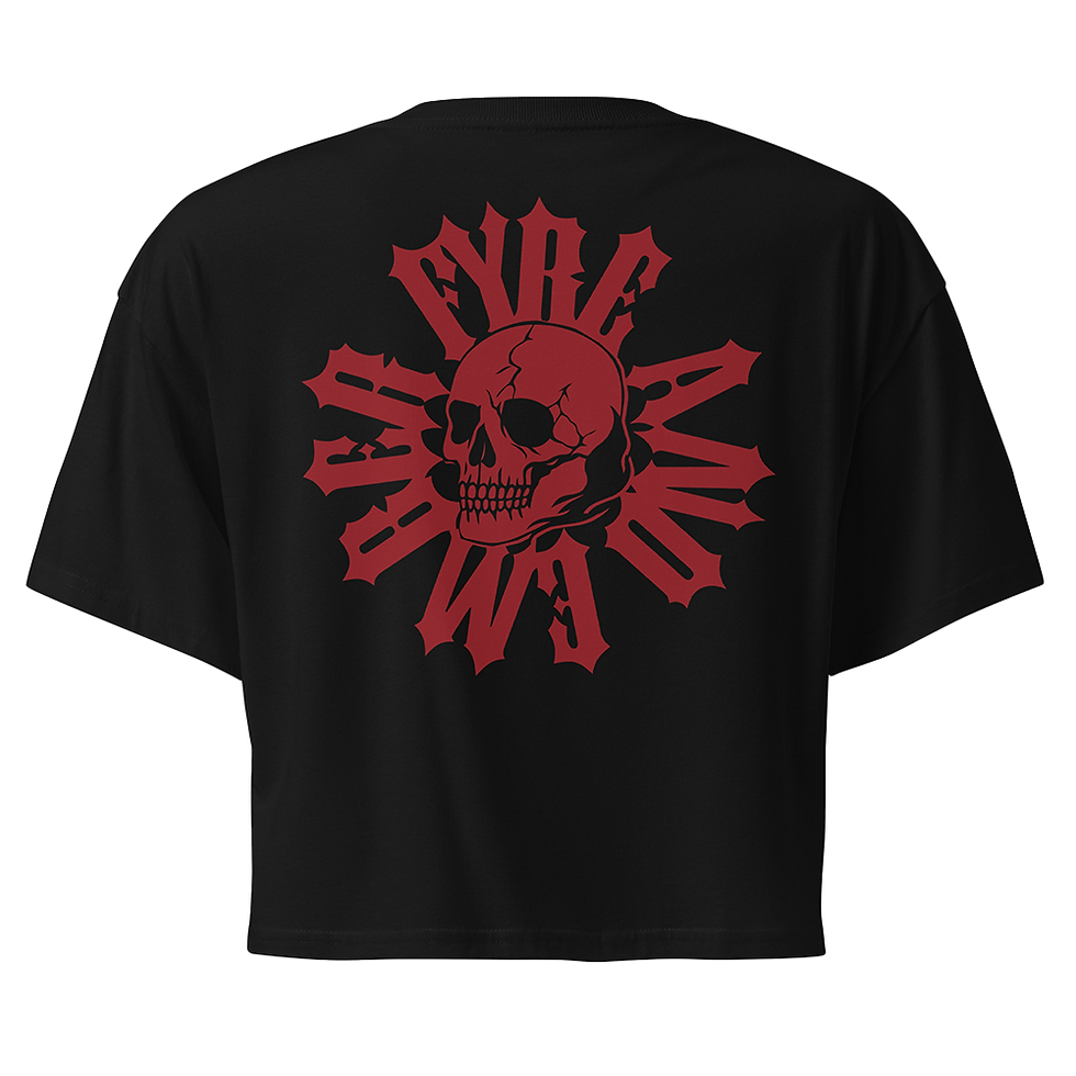Black women’s crop top with bold red Fyre & Ember skull emblem