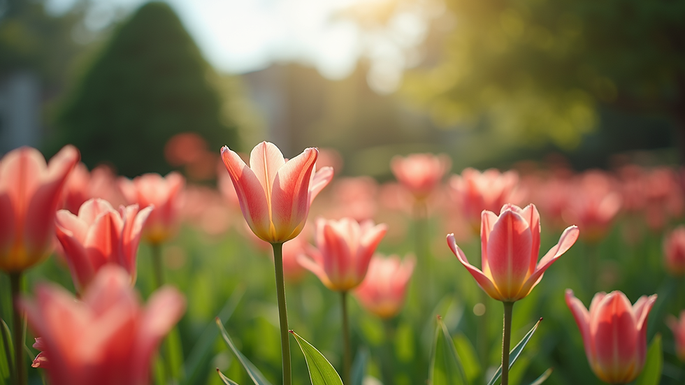 Eye-level view of a serene garden with blooming flowers