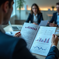 A person reviews business reports, surrounded by financial charts and data..png