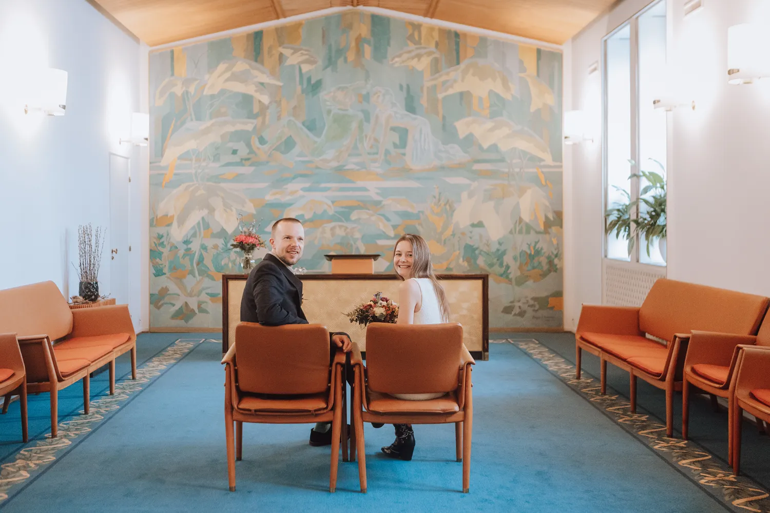 Bride and groom during civil wedding at Odense City Hall.