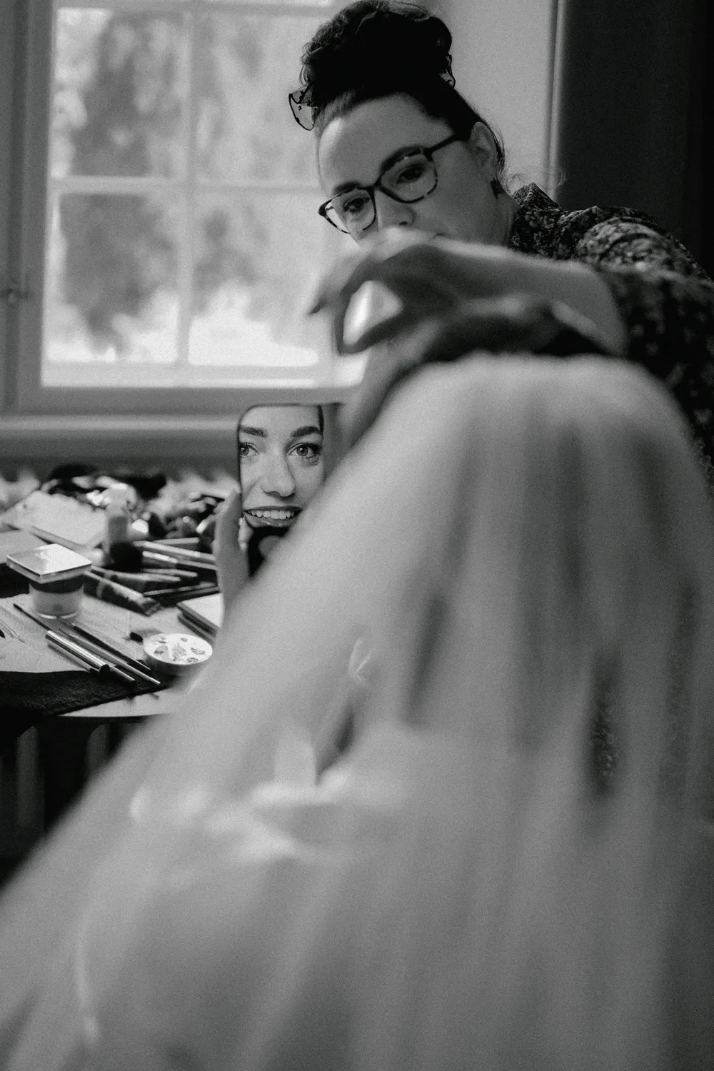 Emotional bridal preparation moments during full-day castle wedding photography