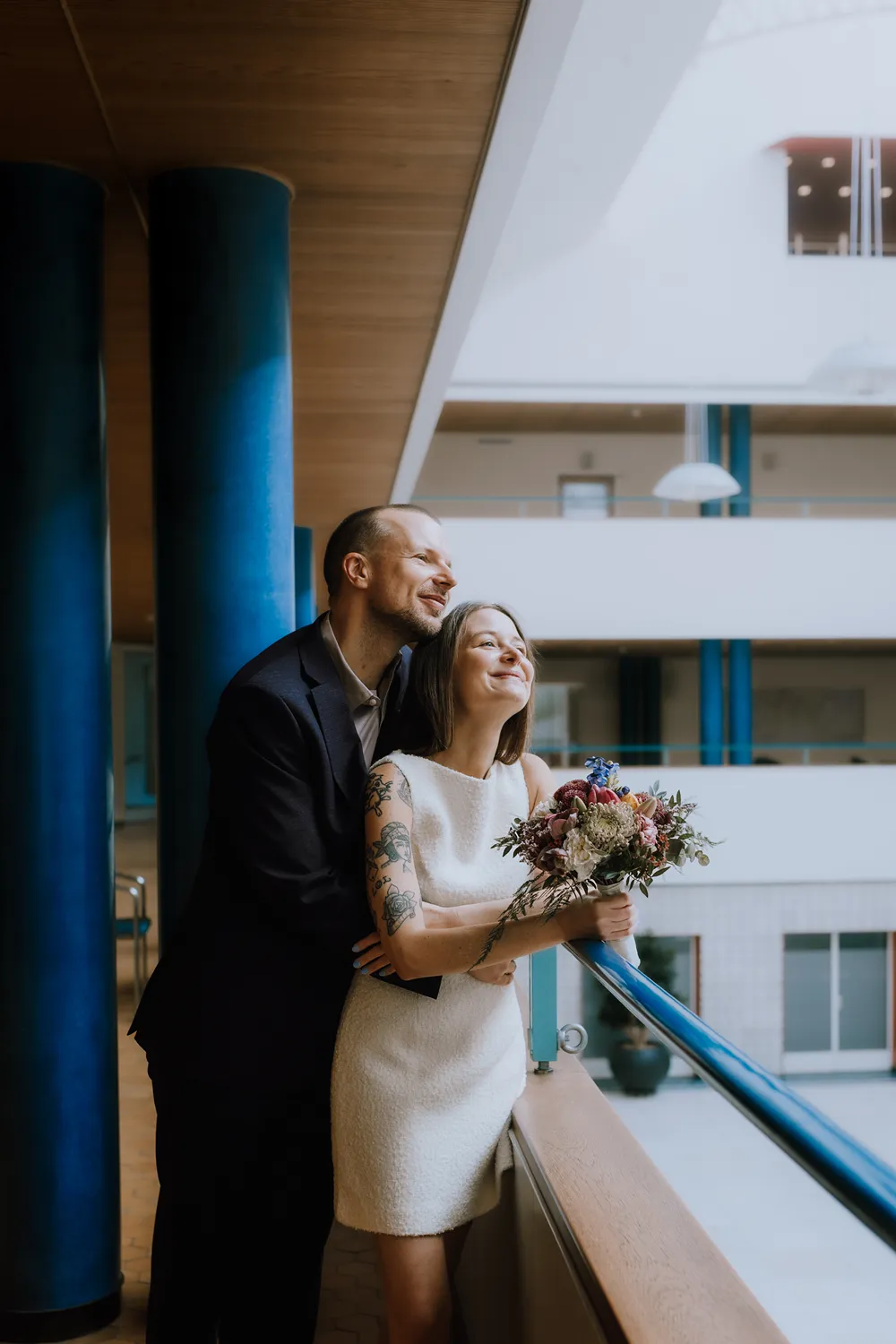 Modern Scandinavian architecture inside Odense City Hall wedding venue.
