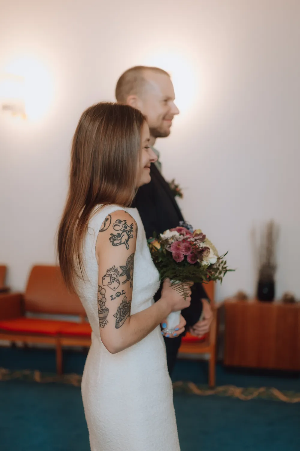 Bride during elopement at Odense City Hall.