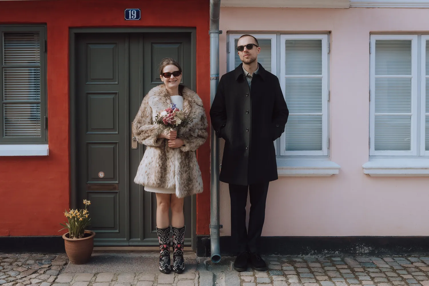 Colourful Scandinavian houses during intimate elopement photography in Denmark.