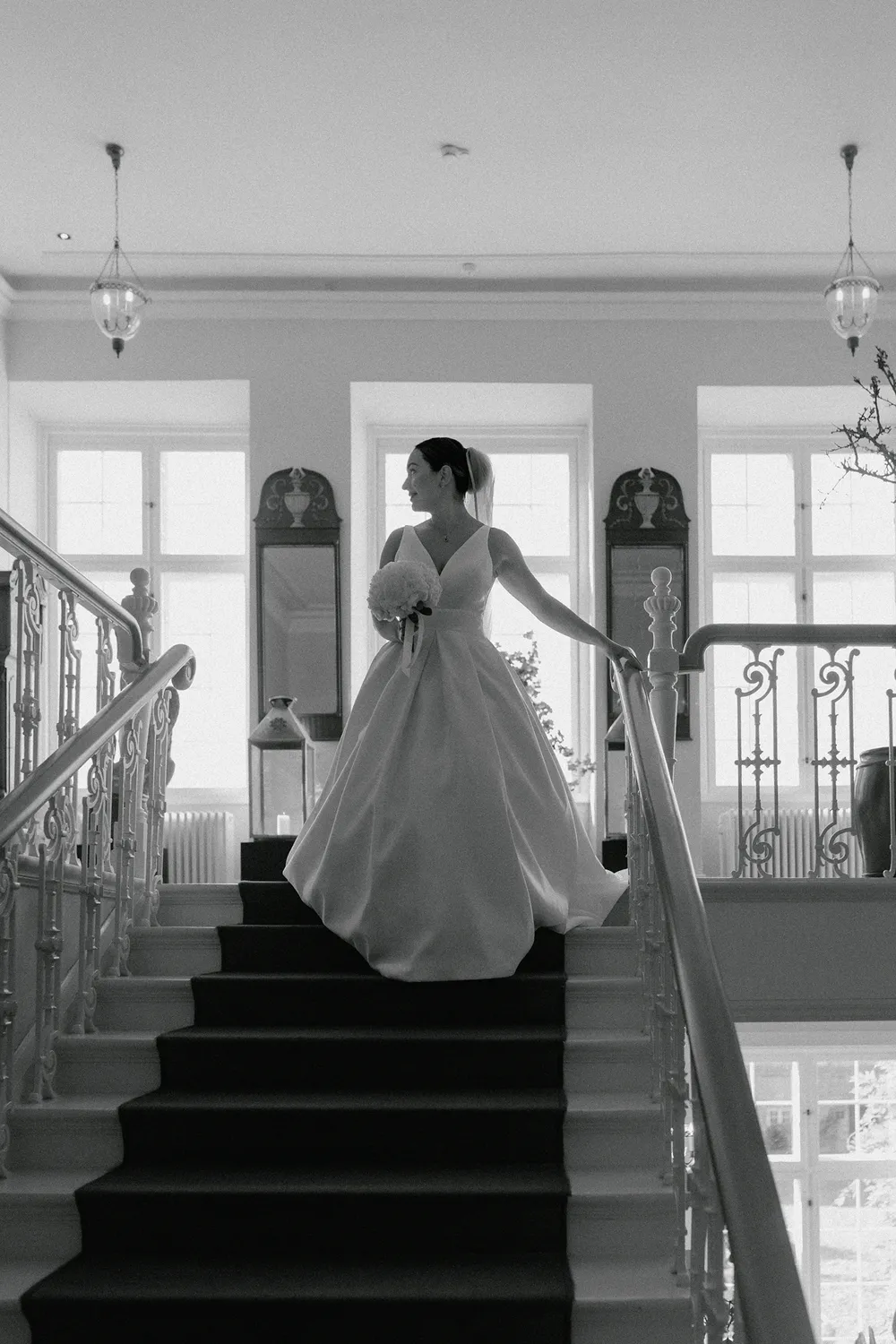 Romantic black and white wedding portraits at Danish castle venue