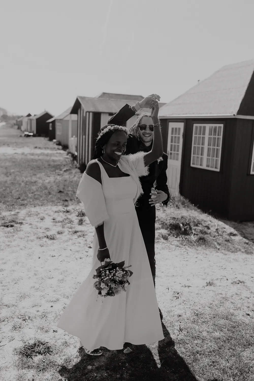 Black and white portrait of newly married couple during intimate Denmark wedding.