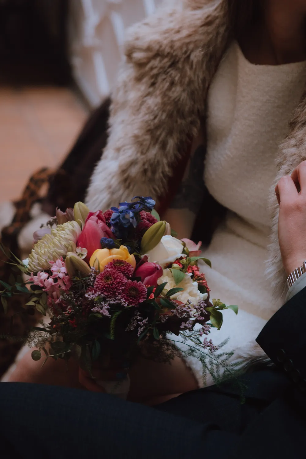 Colourful spring bouquet during intimate Odense elopement.